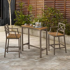Humphrey 3 Piece 39 in. Teak Alu Outdoor Patio Dining Set Pub Height Bar Table Plastic Top With Bar Stool For Balcony