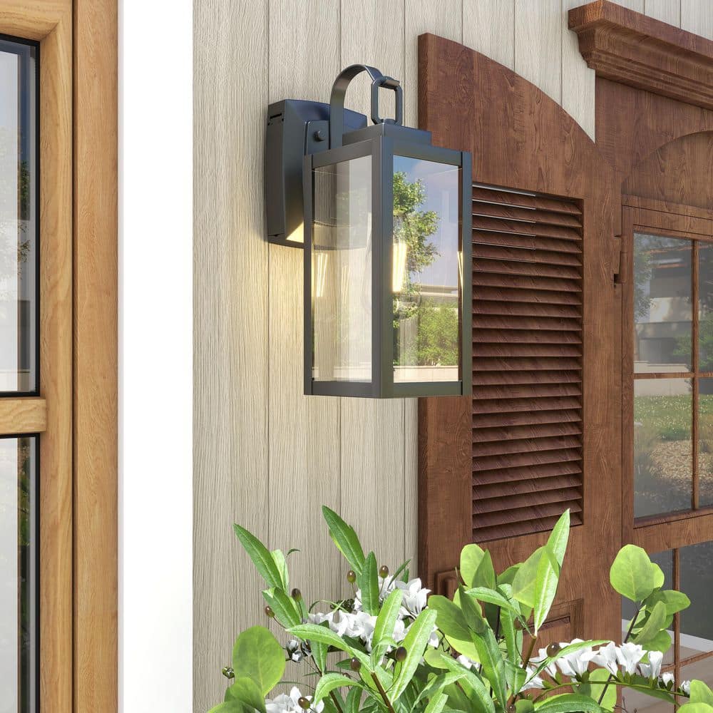 Matte Black Outdoor Lantern Sconce with Clear Glass and GFCI Outlets
