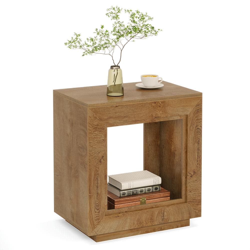 BYBLIGHT Kerlin 23.62 in. Brown Rectangular Wood End Table, Farmhouse 2 ...