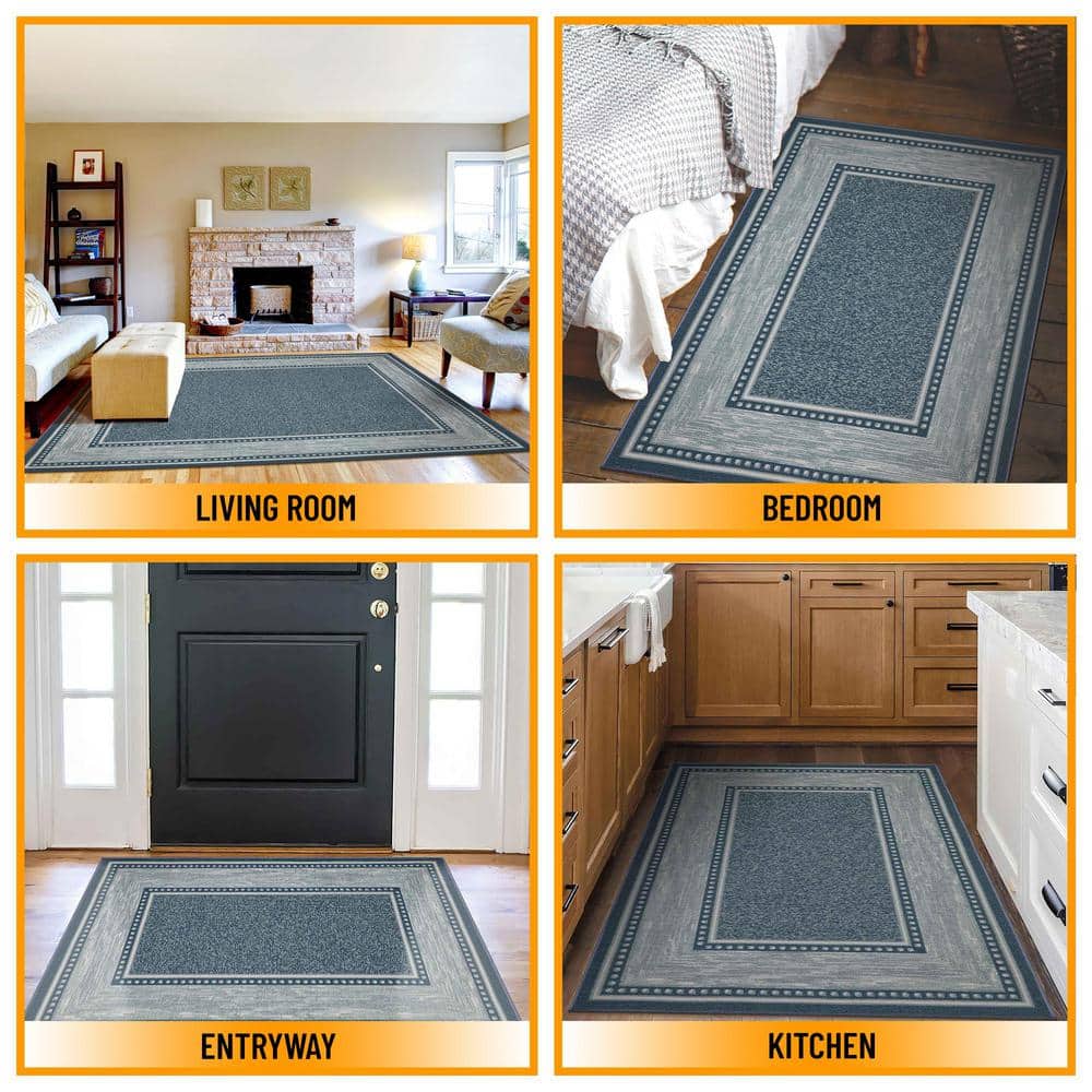 Blue and Gray Synthetic Non-Slip Rectangular Area Rug