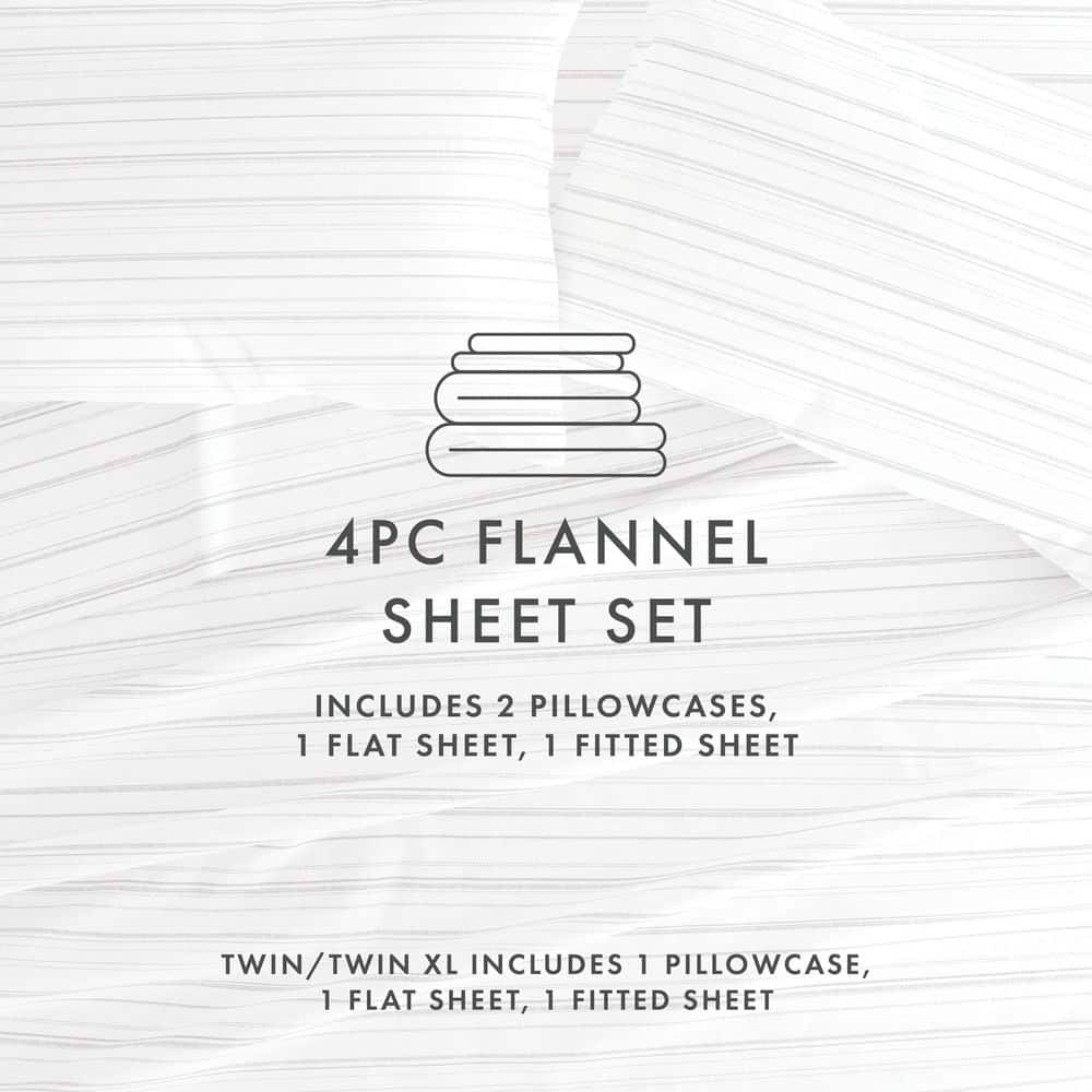 Gray and White Striped Cotton Flannel Queen Sheet Set