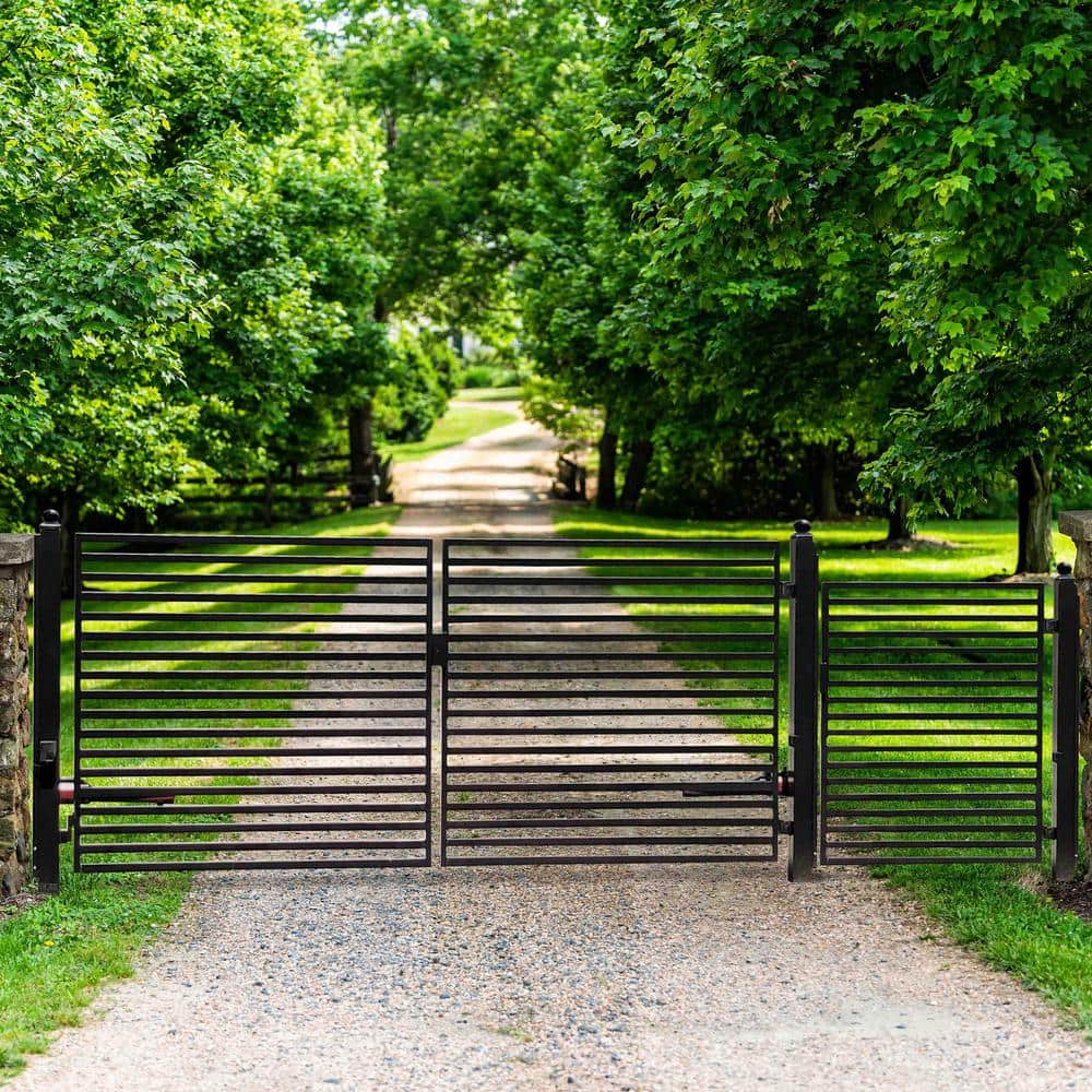 Milan Style 14 ft Black Steel Dual Swing Driveway Gate with Pedestrian Gate