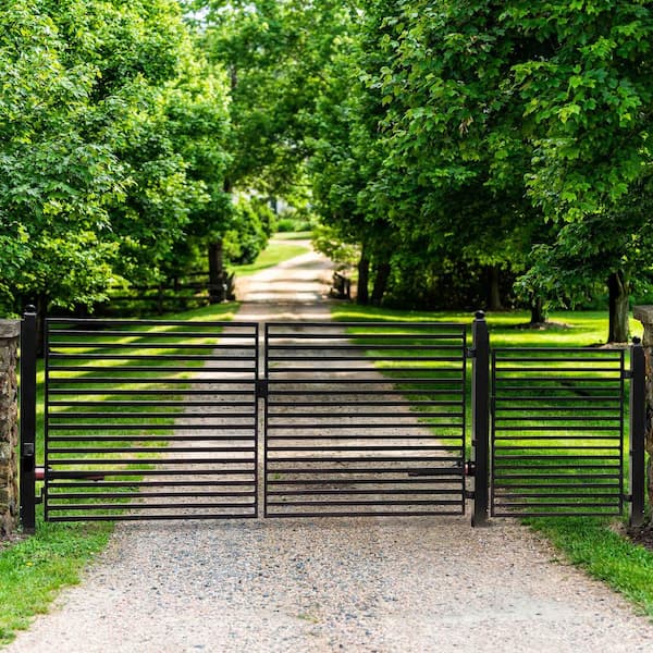 19 ft. x 6 ft. Black Steel Dual Swing Driveway Gate Milan Style 14 ft. with Pedestrian Gate 5 ft. Fence Gate