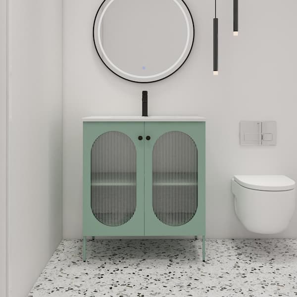 30 in. W. x 18.3 in. D x 34.3 in. H Freestanding Bath Vanity in Green with White Ceramic Top