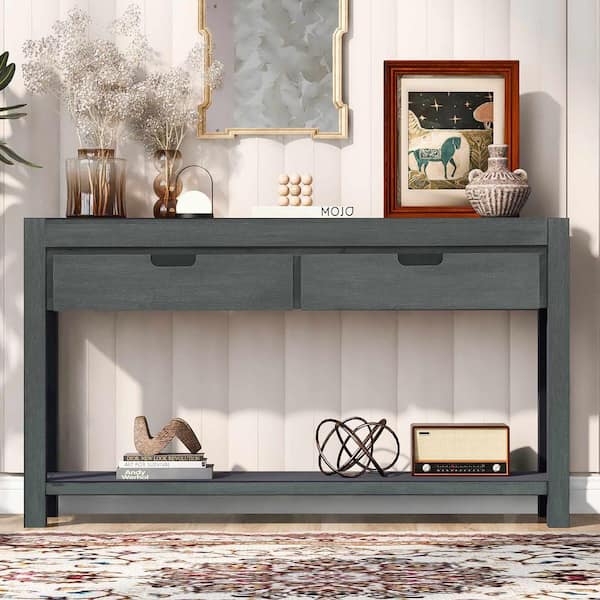 Polibi 55.1 in. Antique Green Rectangle Wood Console Table with 2-Drawers and 1-Shelf