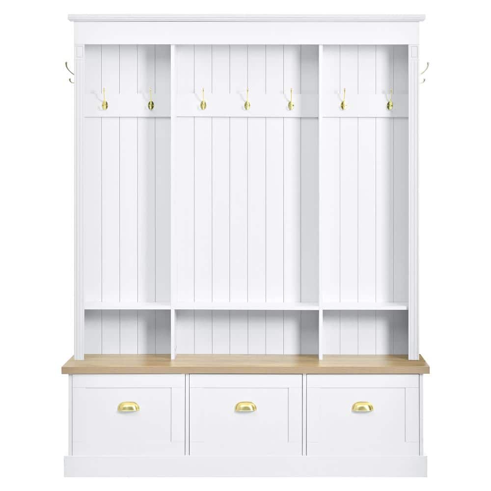 AP-Foyer Farmhouse White Hall Tree with 9 Hooks & LED Light, Wooden Rustic Entryway Organizer with Bench & 3 Cabinets price history on PriceWatchPro
