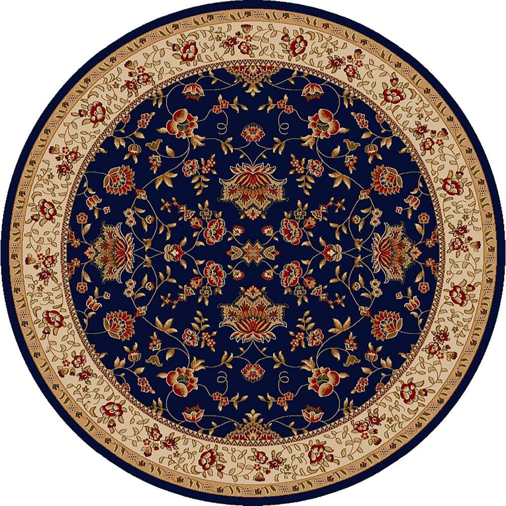 Como Navy 8 ft. Round Traditional Oriental Floral Area Rug