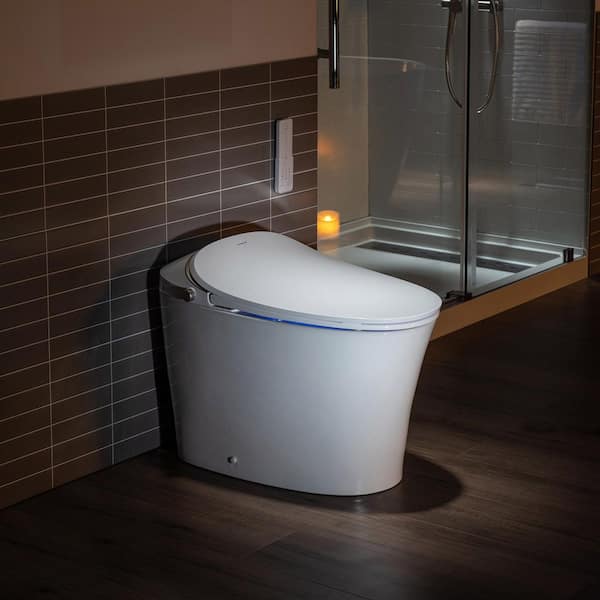 Elongated ADA Smart Bidet Toilet 1.1/1.6 GPF in White with Auto Open/Close, Foam Shield, Foot Sensor, Heated Seat