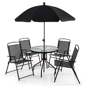 6 -Piece Metal Outdoor Dining Set Folding Chairs Glass Table Tilt Umbrella Garden