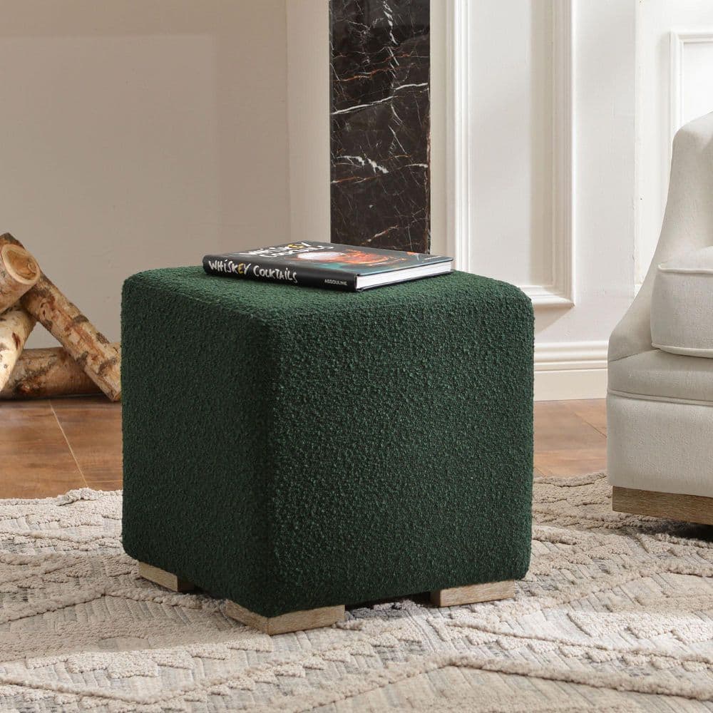 KINWELL Green Boucle Upholstered Square Ottoman with Solid Wood