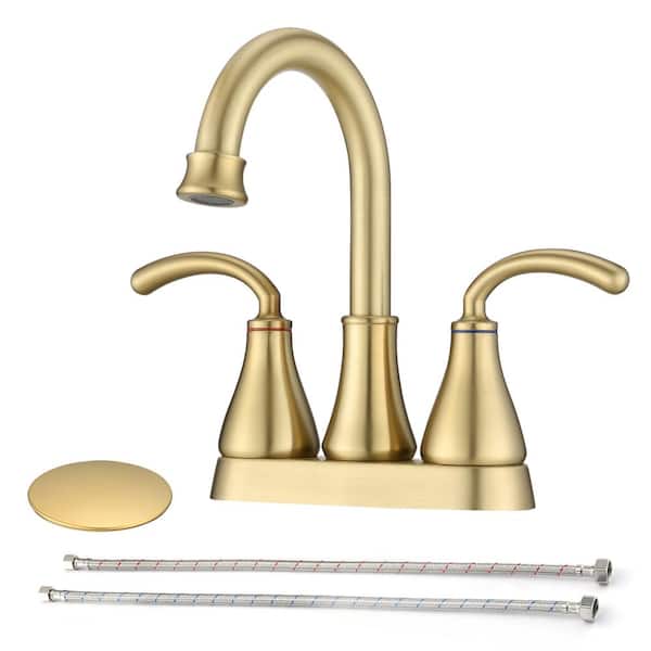 UPIKER Modern 4 in. Centerset Double Handle High Arc Bathroom Faucet with Drain Kit Included in Brushed Gold
