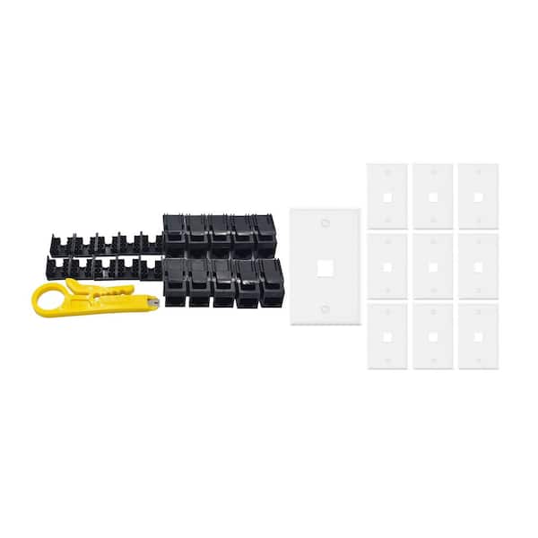 10-Pack 1-Gang White Keystone Plastic Wall Plates 1-Port and 10 Cat 6A RJ45 Keystone Jacks Black