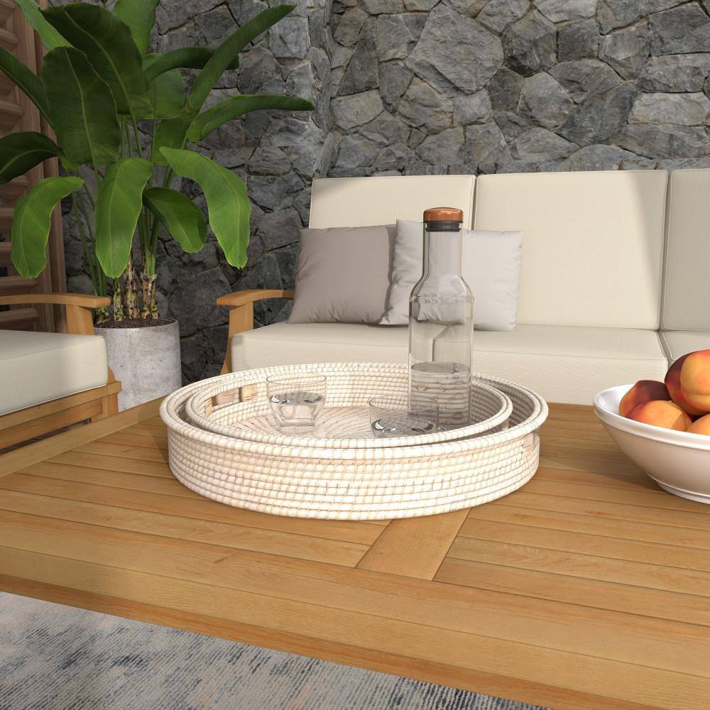 Cream Checkered Round Rattan Decorative Tray Set, 20" and 16"