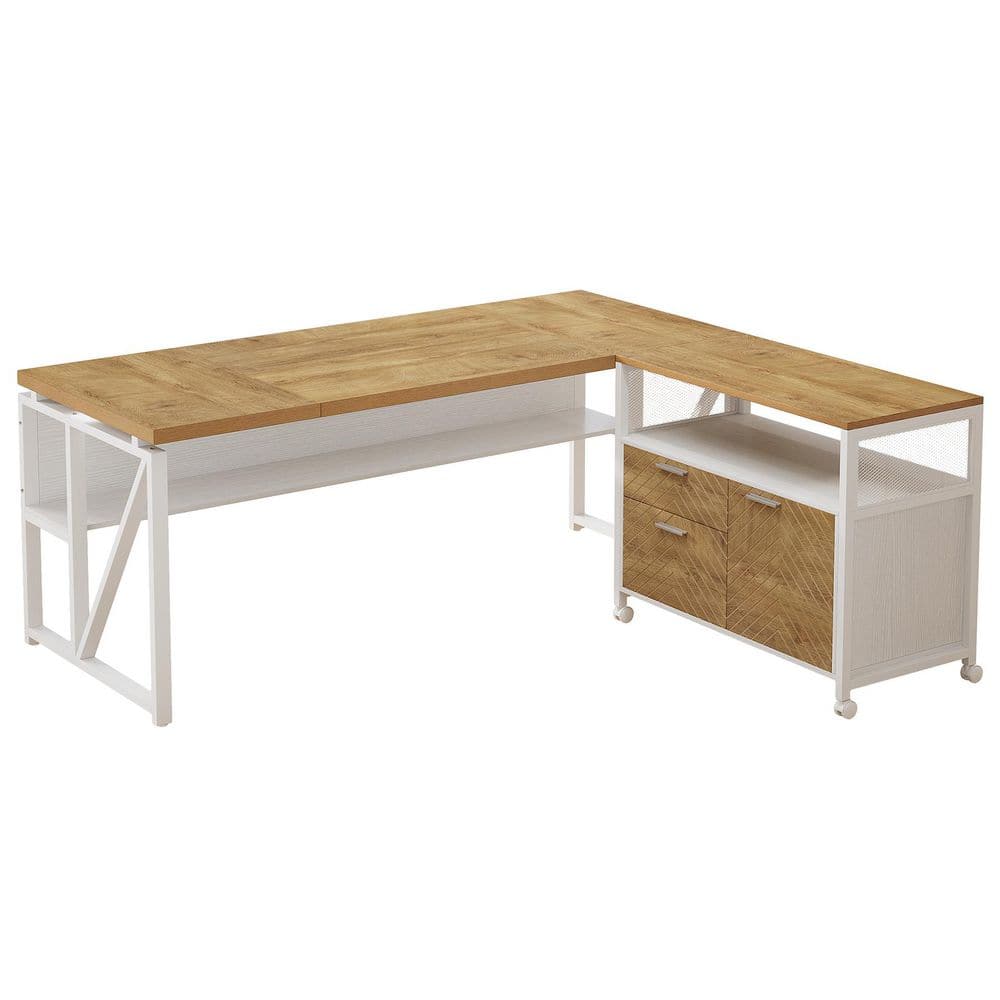 63 in. L-Shaped Rustic and White Executive Desk with File Cabinet and Drawers, Reversible Office Desk with Shelves