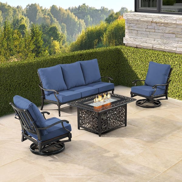 Black 5-Piece Aluminum Patio Fire Table Set with Blue Cushions