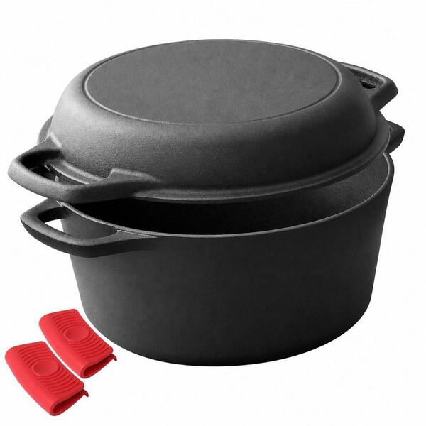 5 qt. 2-in-1 Black Pre-Seasoned Cast Iron Dutch Oven Pot with Skillet Lid and Dual Handles, Many of Cooking Styles