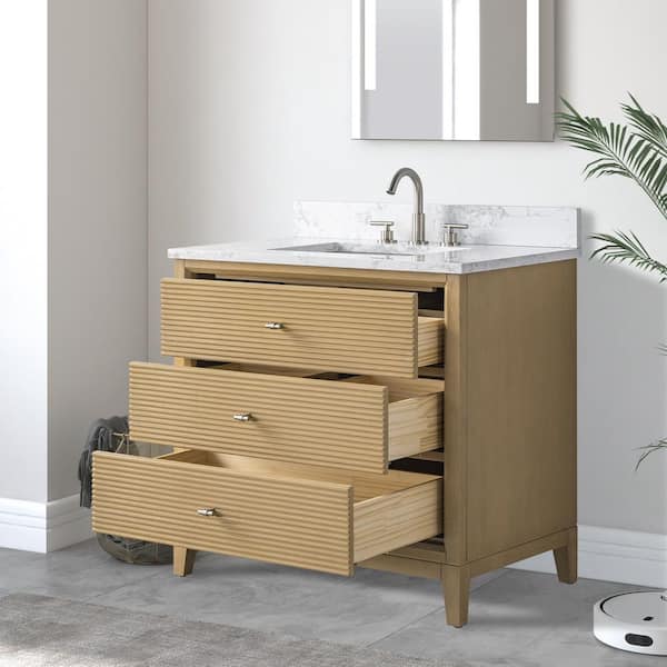 36 in. W Single Sink Freestanding Natural Oak Bath Vanity Cabinet with Arabescato White Engineered Marble Top
