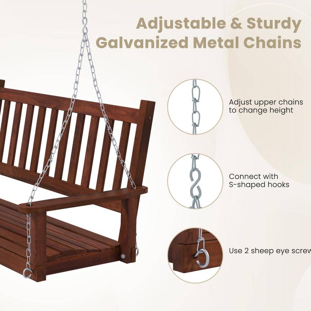 Brown Poplar Wood 3-Person Outdoor Porch Swing with Metal Chains
