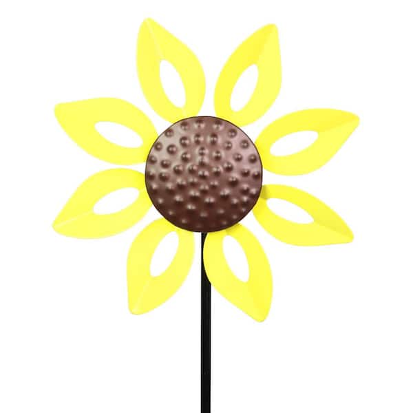 Exhart 6 in. Mini Kinetic Open Petal Sunflower 1.51 ft. Yellow Metal Garden Stake