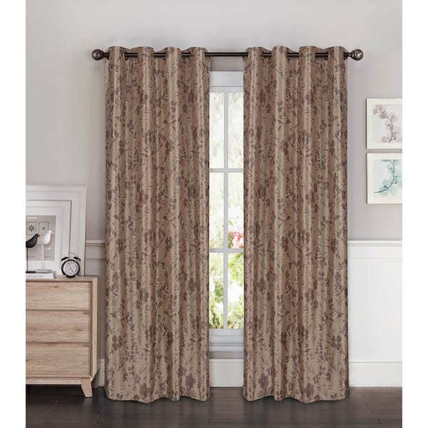 Window Elements Semi-Opaque Florabotanica Printed 54 in. W x 84 in. L Grommet Extra Wide Curtain Panel in Faux Silk Chocolate