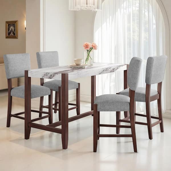 Virelle Modern 5-Piece 36.2 in. H Rectangle Wood Top Dining Bar Table Set with Upholstered Counter Stools, White + Gray