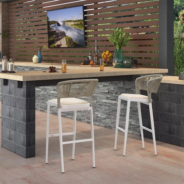 PURPLE LEAF Modern Aluminum Low Back Rattan Bar Height Outdoor Bar Stool with Backrest and White Cushion (2-Pack)
