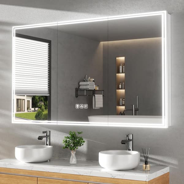 60 in. W x 36 in. H Silver Rectangular Aluminum Dynamic Flow Lighting Surface/Recessed Medicine Cabinet with Mirror