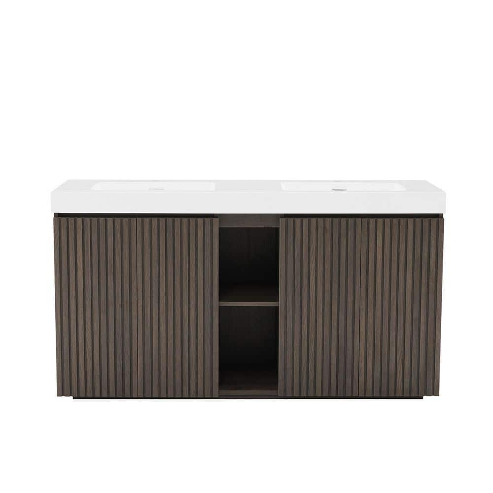 60 in. Double Sink Freestanding Smoked Oak Bath Vanity with White Glossy Solid Surface Top price history on PriceWatchPro