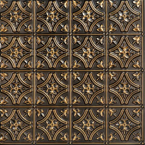 FROM PLAIN TO BEAUTIFUL IN HOURS Gothic Reams 2 ft. x 2 ft. Glue Up PVC Ceiling Tile in Antique Gold