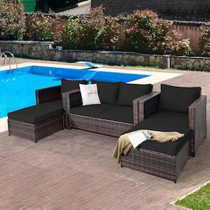 5-Piece Wicker Outdoor Patio Rattan Conversation Sofa Furniture Sectional Set with Black Cushions