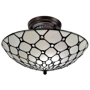 16 in. 2-Light White Tiffany Style Jeweled Flush Mount Ceiling Fixture Lamp