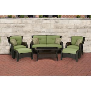 Corrolla 6-Piece Wicker Patio Conversation Set w/ Plush Green Cushions and Loveseat, Coffee Table, 2 Chairs, 2 Ottomans
