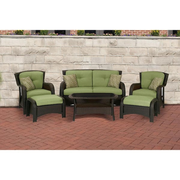 Cambridge Corrolla 6-Piece Wicker Patio Conversation Set w/ Plush Green Cushions and Loveseat, Coffee Table, 2 Chairs, 2 Ottomans