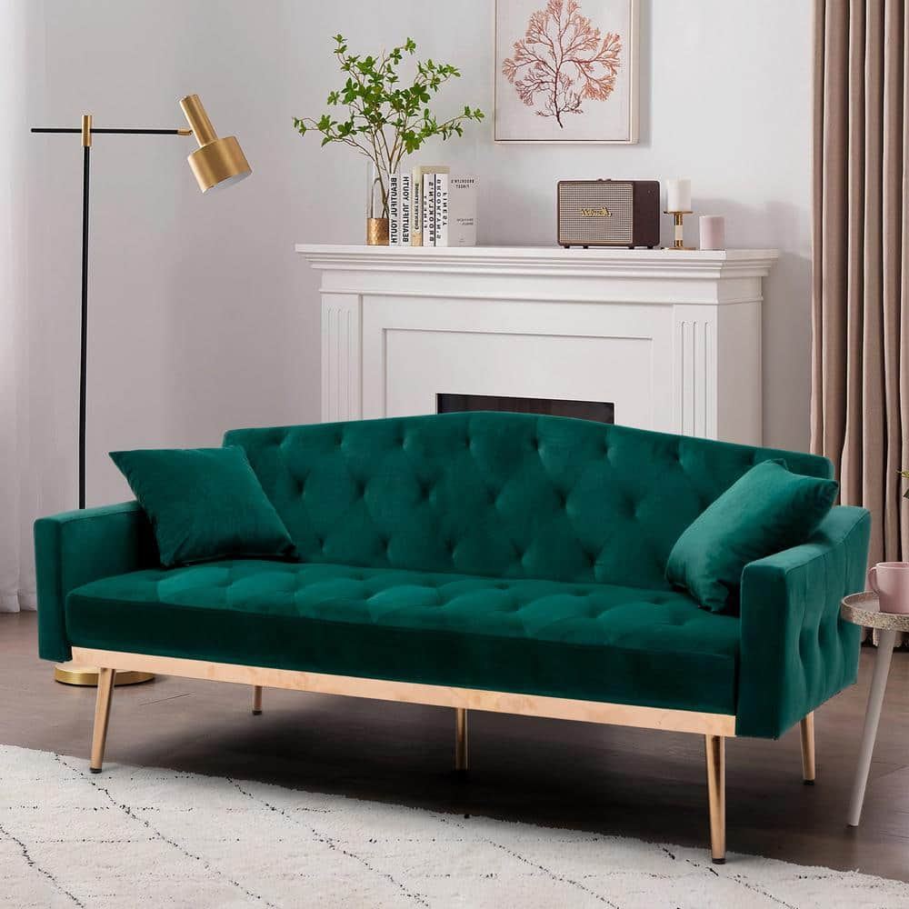 GOSALMON 57 in. W Green Velvet Full Size Sofa Bed with Pull-Out