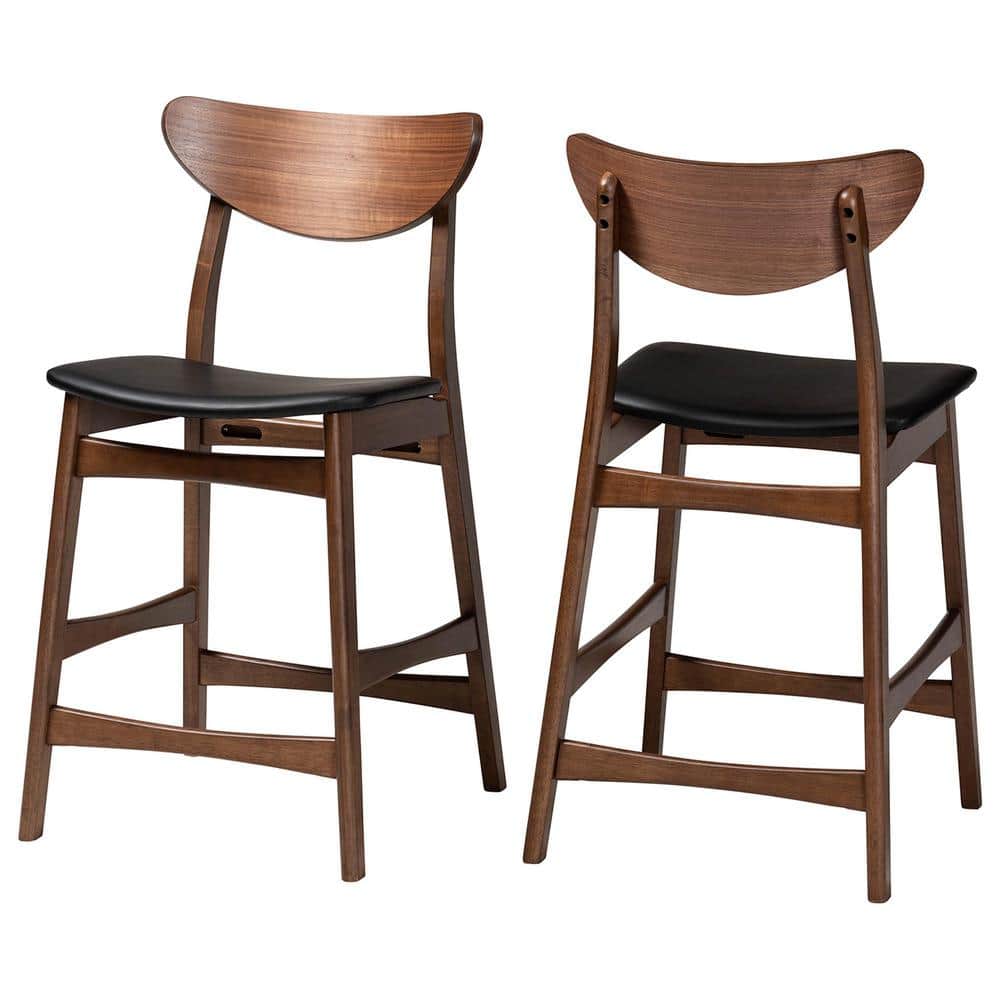 24" Modern Walnut Wood Counter Stool with Black Faux Leather