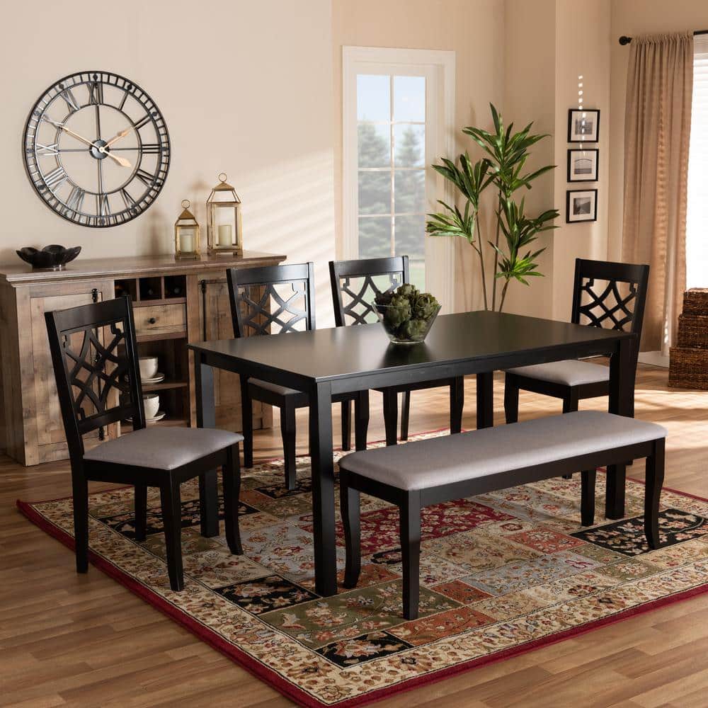 Dori 6-Piece Grey Fabric & Dark Brown Wood Dining Set