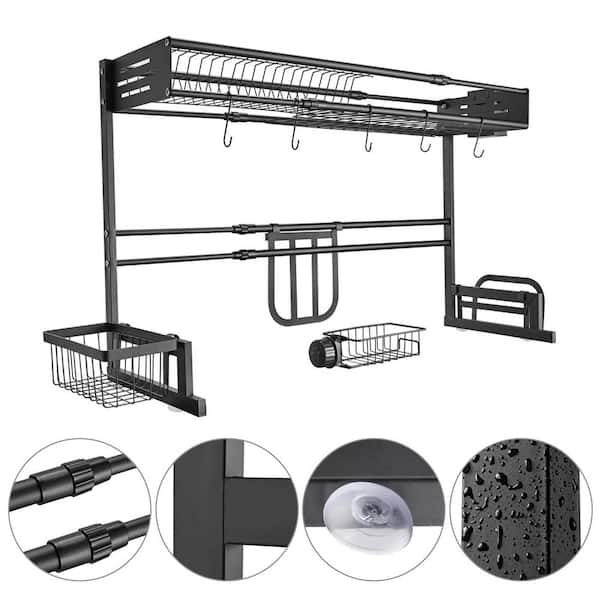 SNTD Over The Sink Dish Drying Rack, Adjustable (26.3 to 34.3 inch) 2 Tier Kitchen Counter Dish Drying Rack with Utensil Holder Metal Utility Hook, Black