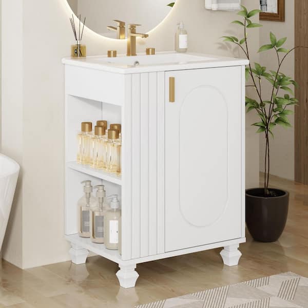 24 in. W Modern White Bath Vanity with White Ceramic Top, Side Open Storage and Elegant Metal Handle