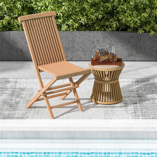 Folding Indonesia Teak Wood Outdoor Dining Chair in Natural (Set of 2)