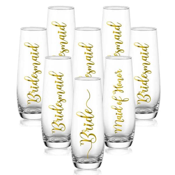 Set of 8 Stemless Champagne Glasses with Gold Embossed Bride Maid of Honor Bridesmaid Lettering 5.7 in