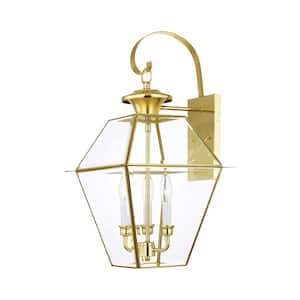 Ainsworth 22.5 in. 3-Light Polished Brass Outdoor Hardwired Wall Lantern Sconce with No Bulbs Included