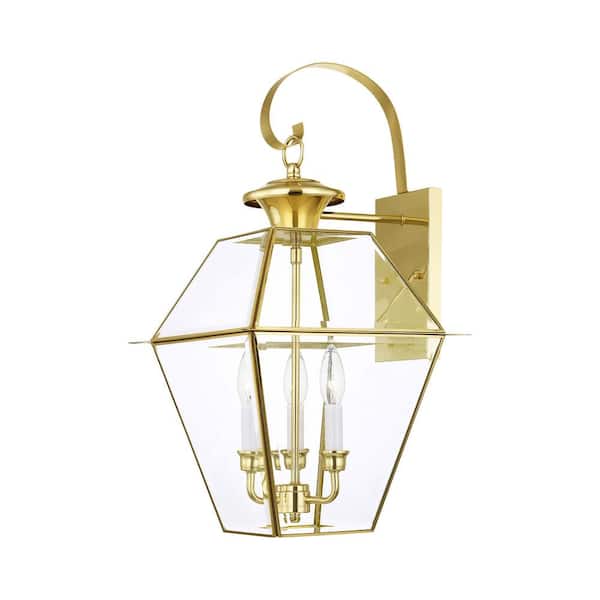 Livex Lighting Westover 3-Light Polished Brass Hardwired Outdoor Wall Lantern Sconce