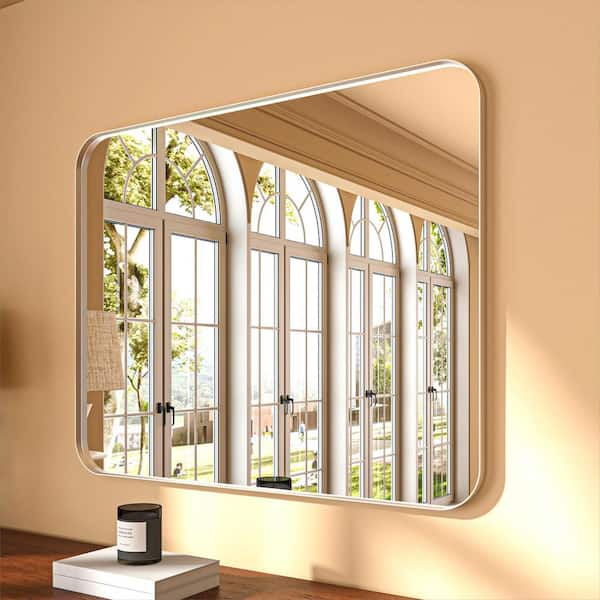 ORGANNICE 32 in. W x 40 in. H Rectangular Aluminum Framed Modern Silver Rounded Wall Mirror