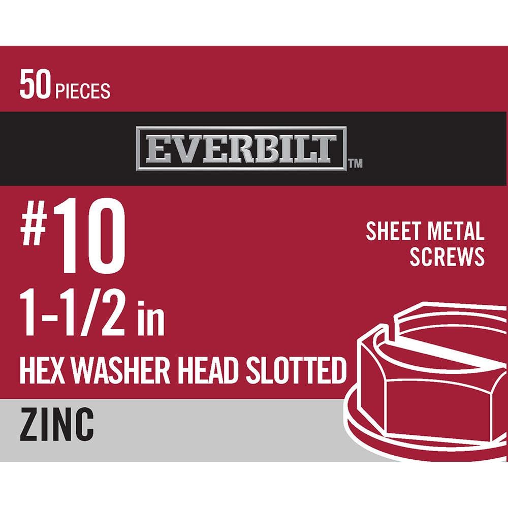 "#10 x 1-1/2 in. Slotted Hex Head Zinc Plated Sheet Metal Screw (50-Pack)" price history on PriceWatchPro