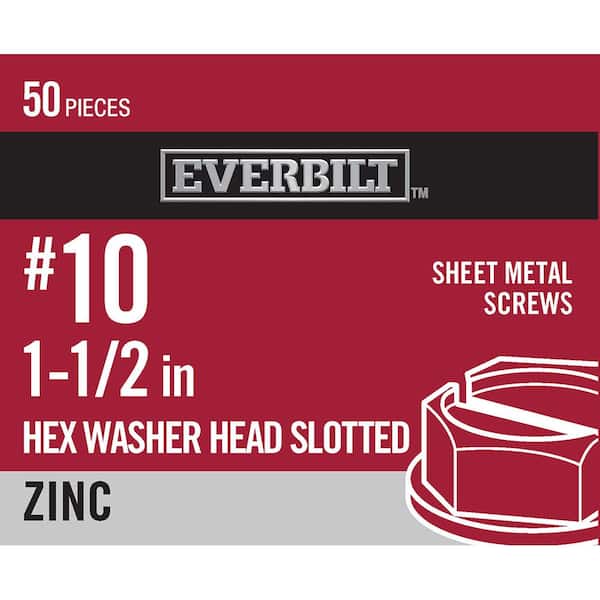 #10 x 1-1/2 in. Slotted Hex Head Zinc Plated Sheet Metal Screw (50-Pack)