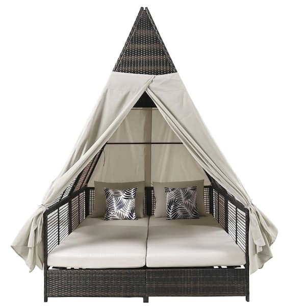 Brown PE Wicker Outdoor Day Bed Patio Lounge Bed with Curtains, Adjustable Backrest and 4 Beige Cushions