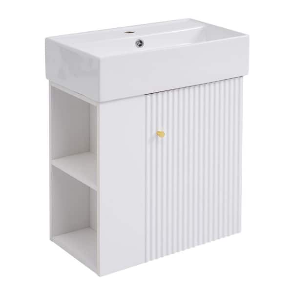 21.6 in. Single Sink Floating White Bath Vanity with White Ceramic Top MDF Left Side Storage Vanity Unassembled