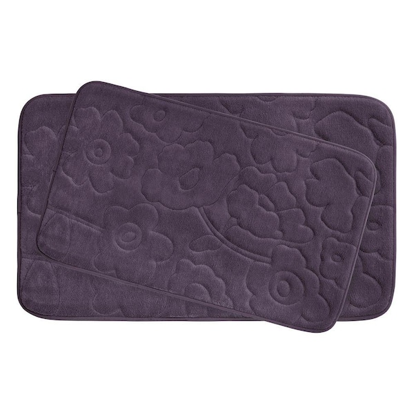 BounceComfort Stencil Floral 17 in. x 24 in./ 20 in. x 34 in. 2-Piece Memory Foam Bath Mat Set in Plum