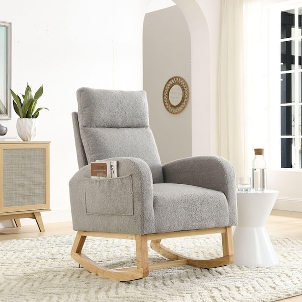 27.6 in. Grey Teddy Fabric Rocking Chair with High Backrest and Side Pockets and Wood Legs for Living Room and Bedroom