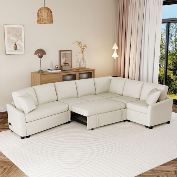 Harper & Bright Designs 124.8 in. Flared Arm Chenille Convertible L-Shaped Sectional Sofa in Beige with Removable Cushions and Charging Station